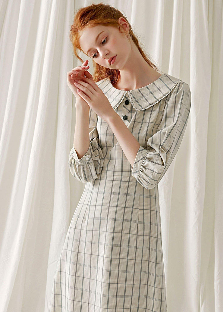 Unique light nude plaid blended clothes ruffles hem cotton robes fall Dresses - bagstylebliss