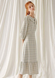 Unique light nude plaid blended clothes ruffles hem cotton robes fall Dresses - bagstylebliss