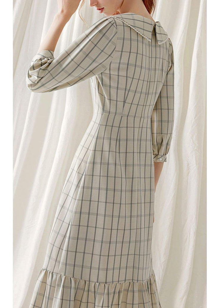 Unique light nude plaid blended clothes ruffles hem cotton robes fall Dresses - bagstylebliss