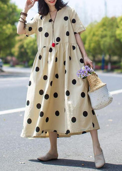 Unique linen Wardrobes 2019 Casual Polka Dot V-Neck Loose Linen Dress - bagstylebliss