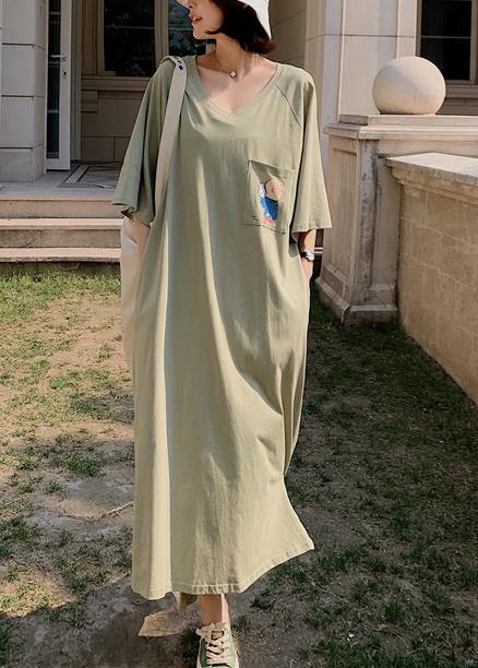 Unique low high design cotton Tunics Wardrobes army green v neck Robe Dresses summer - bagstylebliss