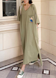 Unique low high design cotton Tunics Wardrobes army green v neck Robe Dresses summer - bagstylebliss