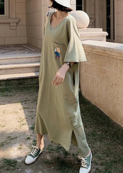 Unique low high design cotton Tunics Wardrobes army green v neck Robe Dresses summer - bagstylebliss