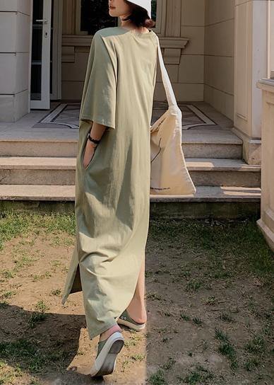 Unique low high design cotton Tunics Wardrobes army green v neck Robe Dresses summer - bagstylebliss