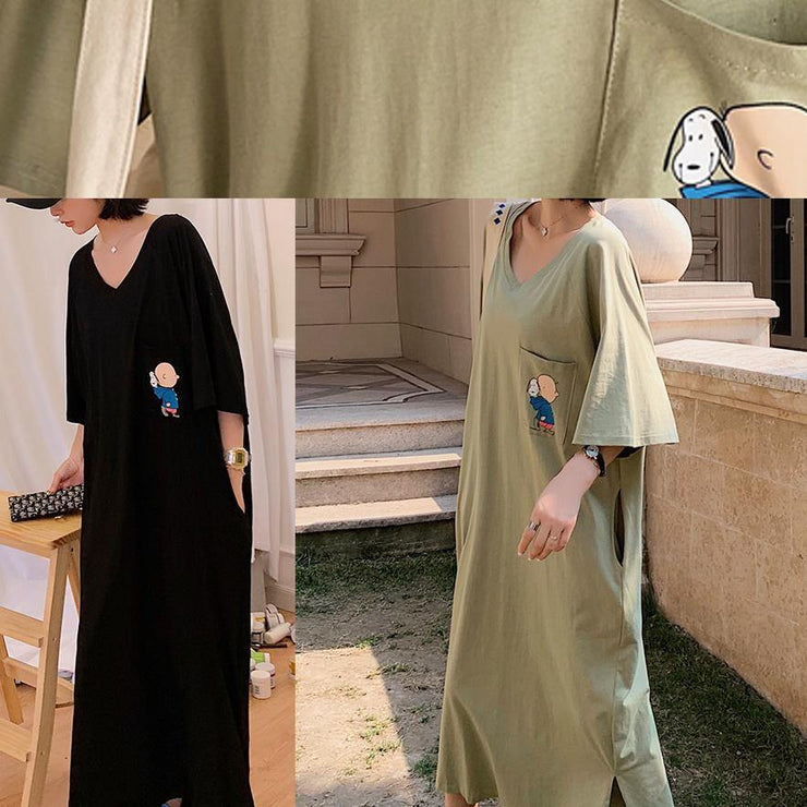 Unique low high design cotton Tunics Wardrobes army green v neck Robe Dresses summer - bagstylebliss