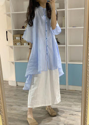 Unique low high design linen shirt dress Catwalk blue Dresses - bagstylebliss