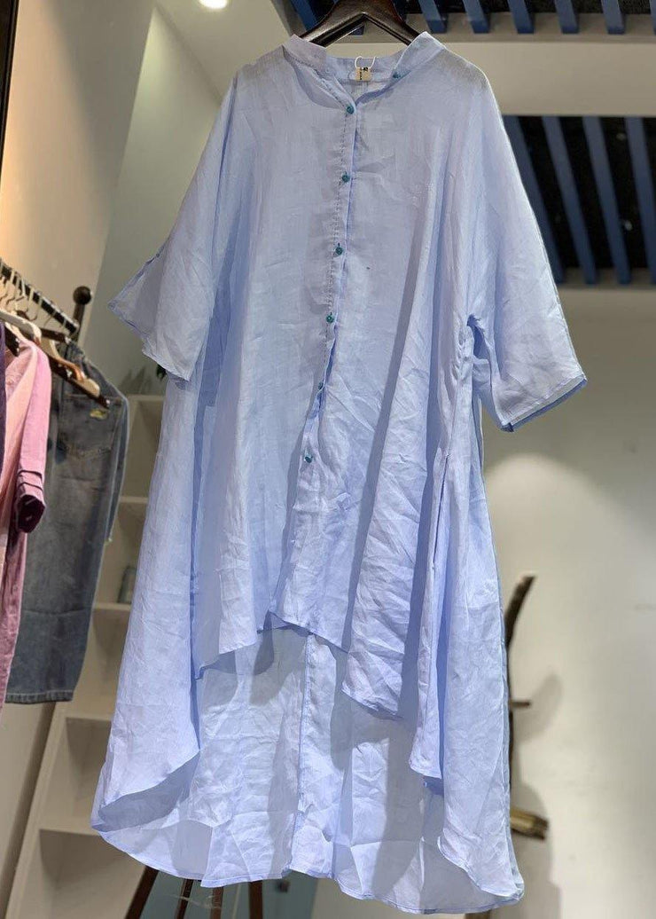 Unique low high design linen shirt dress Catwalk blue Dresses - bagstylebliss