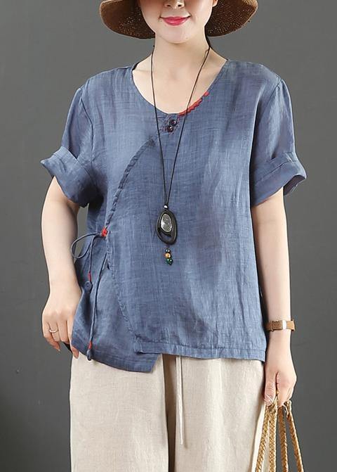 Unique navy linen Blouse o neck Button Down Midi tops - bagstylebliss