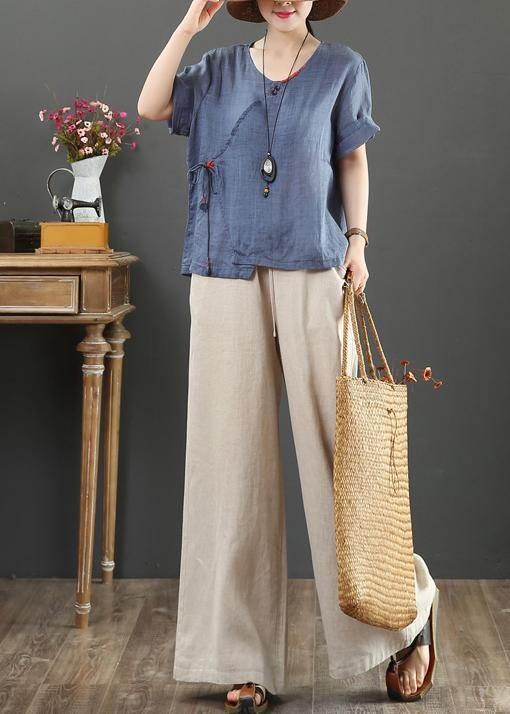 Unique navy linen Blouse o neck Button Down Midi tops - bagstylebliss