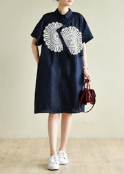 Unique navy tunic dress o neck patchwork lace Art summer Dress - bagstylebliss