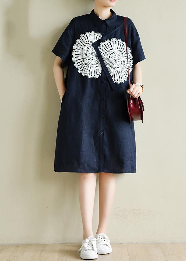 Unique navy tunic dress o neck patchwork lace Art summer Dress - bagstylebliss