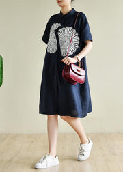 Unique navy tunic dress o neck patchwork lace Art summer Dress - bagstylebliss