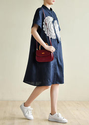 Unique navy tunic dress o neck patchwork lace Art summer Dress - bagstylebliss