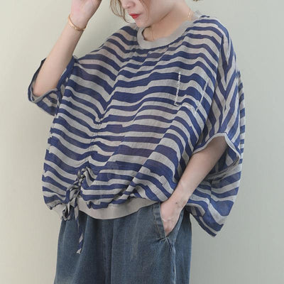 Unique o neck Batwing Sleeve linen shirts blue striped shirt - bagstylebliss