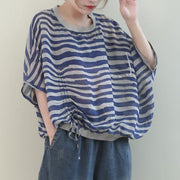 Unique o neck Batwing Sleeve linen shirts blue striped shirt - bagstylebliss