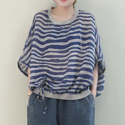 Unique o neck Batwing Sleeve linen shirts blue striped shirt - bagstylebliss