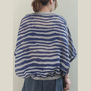 Unique o neck Batwing Sleeve linen shirts blue striped shirt - bagstylebliss