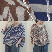 Unique o neck Batwing Sleeve linen shirts blue striped shirt - bagstylebliss