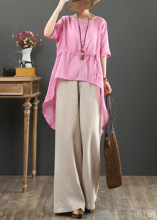 Unique o neck asymmetric linen tops women Wardrobes pink top - bagstylebliss