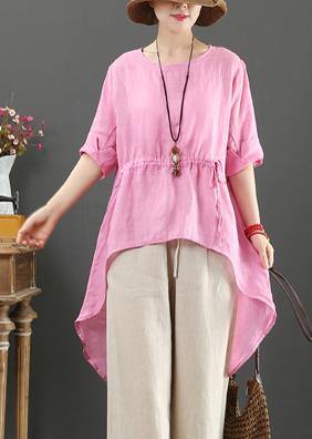 Unique o neck asymmetric linen tops women Wardrobes pink top - bagstylebliss