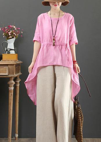 Unique o neck asymmetric linen tops women Wardrobes pink top - bagstylebliss