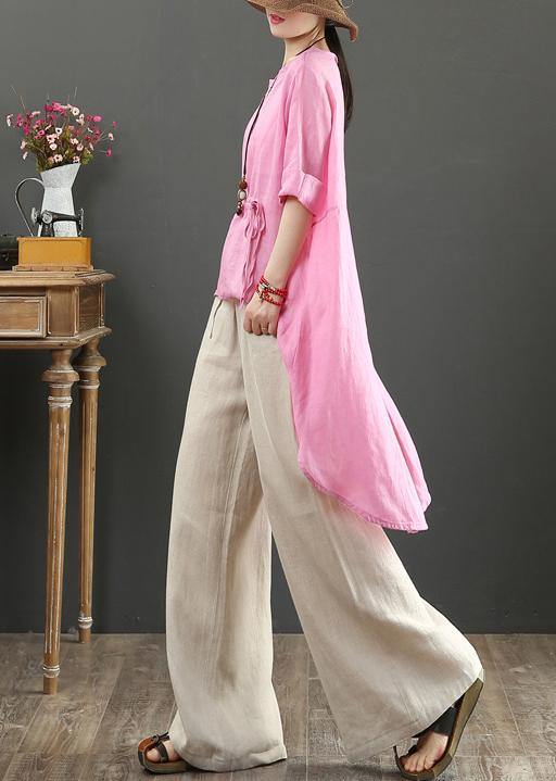 Unique o neck asymmetric linen tops women Wardrobes pink top - bagstylebliss