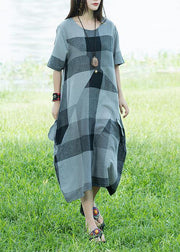 Unique o neck linen dresses light gray plaid patchwork loose Dresses sundress - bagstylebliss