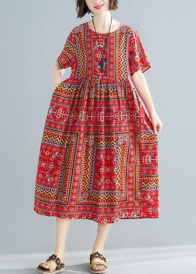 Unique o neck patchwork cotton dresses Shape red print A Line Dress summer - bagstylebliss