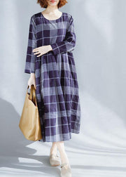 Unique o neck patchwork cotton outfit Catwalk blue plaid Dresses summer - bagstylebliss