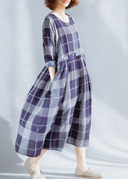 Unique o neck patchwork cotton outfit Catwalk blue plaid Dresses summer - bagstylebliss