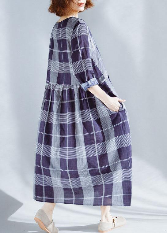 Unique o neck patchwork cotton outfit Catwalk blue plaid Dresses summer - bagstylebliss