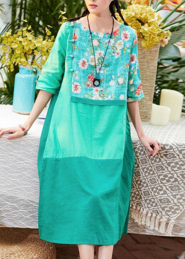 Unique o neck patchwork linen clothes For Women Outfits green print Dress summer - bagstylebliss