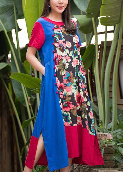 Unique o neck patchwork linen clothes For Women Shape floral Dress summer - bagstylebliss
