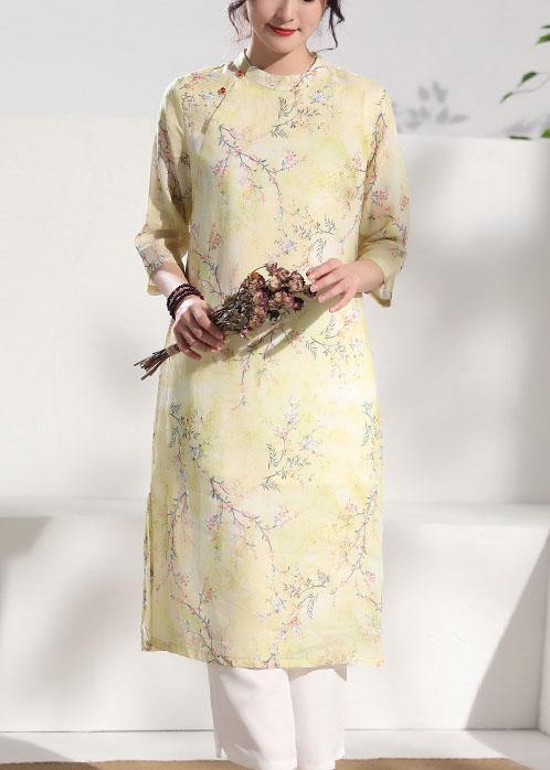 Unique o neck patchwork linen summer clothes Runway yellow print Dresses - bagstylebliss