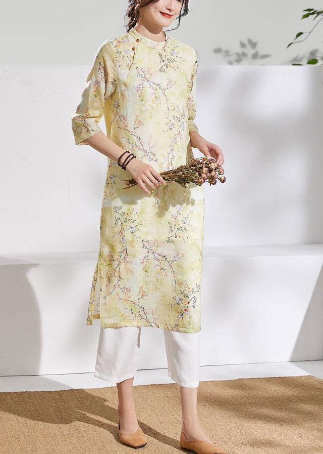 Unique o neck patchwork linen summer clothes Runway yellow print Dresses - bagstylebliss