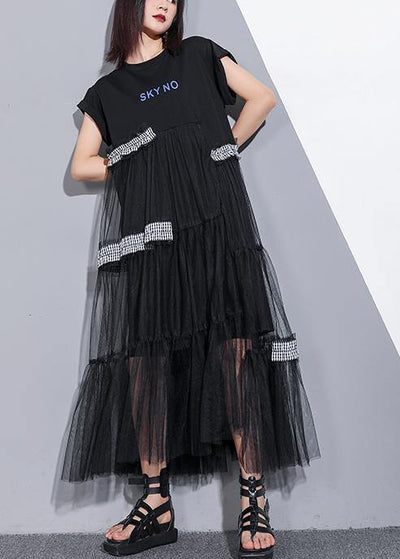 Unique o neck patchwork tulle cotton dress black Art Dresses summer - bagstylebliss