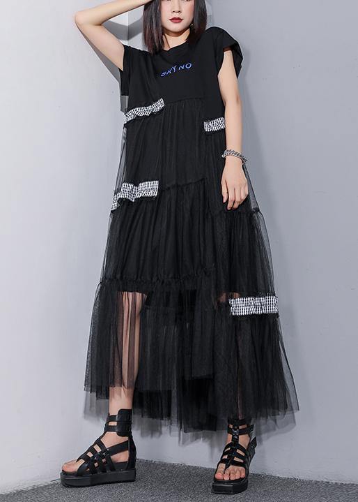 Unique o neck patchwork tulle cotton dress black Art Dresses summer - bagstylebliss