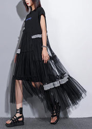 Unique o neck patchwork tulle cotton dress black Art Dresses summer - bagstylebliss