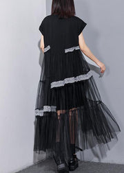 Unique o neck patchwork tulle cotton dress black Art Dresses summer - bagstylebliss