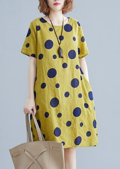 Unique o neck pockets Cotton clothes Wardrobes yellow dotted Dresses - bagstylebliss