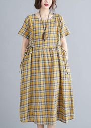 Unique o neck tie waist clothes Neckline yellow plaid loose Dress - bagstylebliss