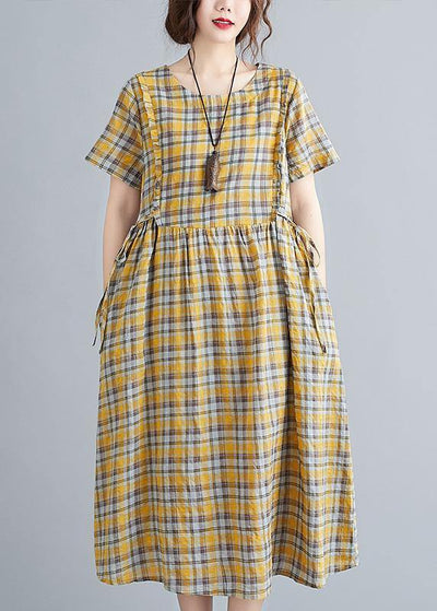 Unique o neck tie waist clothes Neckline yellow plaid loose Dress - bagstylebliss