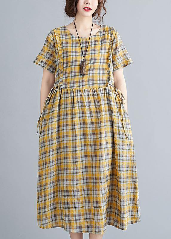 Unique o neck tie waist clothes Neckline yellow plaid loose Dress - bagstylebliss