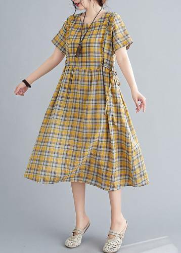 Unique o neck tie waist clothes Neckline yellow plaid loose Dress - bagstylebliss