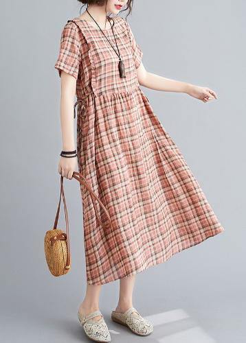 Unique o neck tie waist clothes Neckline yellow plaid loose Dress - bagstylebliss