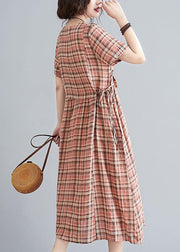 Unique o neck tie waist clothes Neckline yellow plaid loose Dress - bagstylebliss