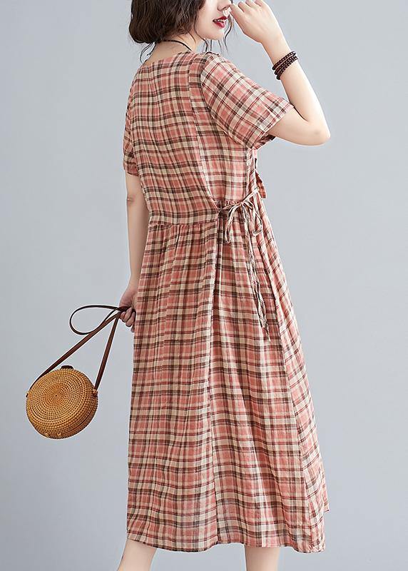 Unique o neck tie waist clothes Neckline yellow plaid loose Dress - bagstylebliss