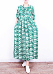 Unique o neck Cinched linen summer clothes Neckline green print Dresses - bagstylebliss