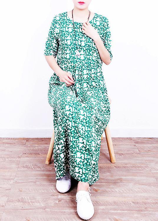 Unique o neck Cinched linen summer clothes Neckline green print Dresses - bagstylebliss