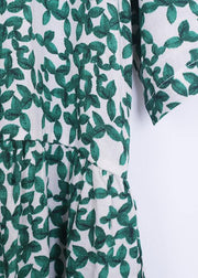 Unique o neck Cinched linen summer clothes Neckline green print Dresses - bagstylebliss